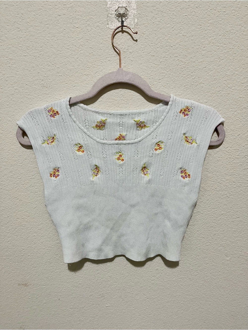 Embroidered Floral Knit Crop Top in Light Blue